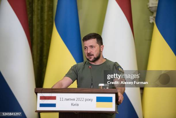Ukrainian President Volodymyr Zelensky is seen during the press conference with Dutch Prime Minister, Mark Rutte on July 11, 2022 in Kyiv, Ukraine....