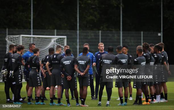 Charleroi's head coach Edward Still talks to his players during a training session of Belgian first division soccer team Sporting Charleroi ahead of...