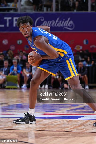 James Wiseman of the Golden State Warriors looks to pass the ball against the San Antonio Spurs during the 2022 Las Vegas Summer League on July 10,...