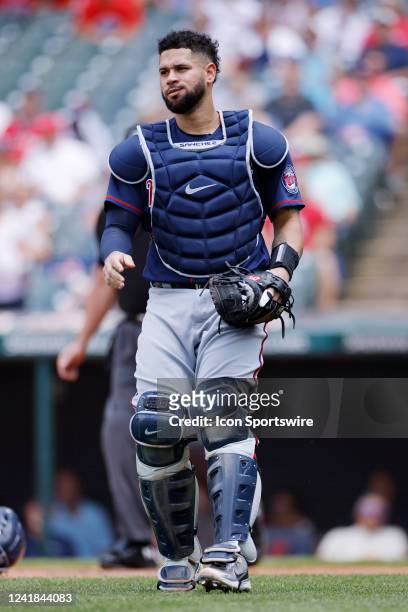 Minnesota Twins catcher Gary Sanchez looks on during an MLB game against the Cleveland Guardians on June 30, 2022 at Progressive Field in Cleveland,...