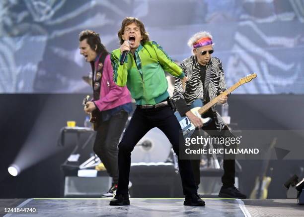 Rolling Stones guitar player Ronnie Wood, Rolling Stones singer Mick Jagger and Rolling Stones guitar player Keith Richards perform during a concert...