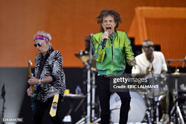 Rolling Stones singer Mick Jagger performs during a concert of British band The Rolling Stones as part of the 'Stones Sixty Europe 2022' tour, at the...