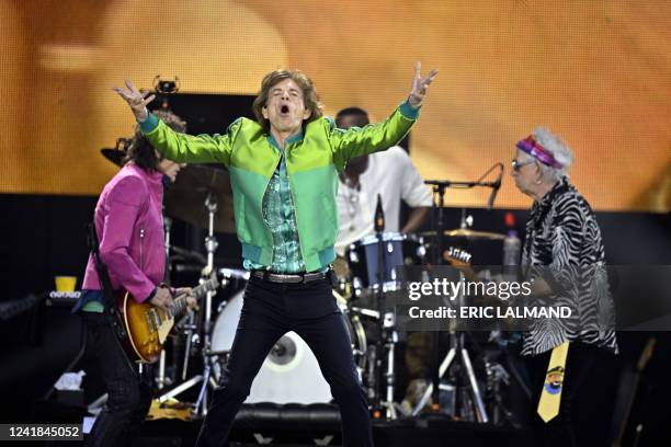 Rolling Stones singer Mick Jagger performs during a concert of British band The Rolling Stones as part of the 'Stones Sixty Europe 2022' tour, at the...