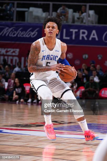 Paolo Banchero of the Orlando Magic handles the ball against the Houston Rockets during the 2022 Las Vegas Summer League on July 7, 2022 at the Cox...