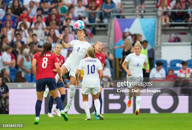 Lucy Bronze of England heads the ball during the UEFA Women's Euro England 2022 group A match between England and Norway at Brighton & Hove Community...