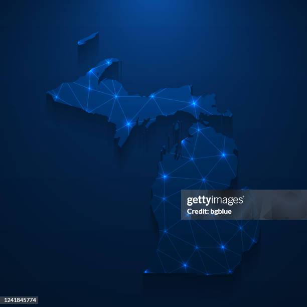 michigan map network - bright mesh on dark blue background - techno detroit stock illustrations