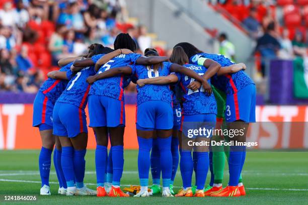 France players form a circle prior to the UEFA Women's Euro England 2022 group D match between France and Italy at The New York Stadium on July 10,...