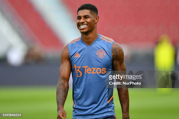 Manchester United Marcus Rashford in action during the training session before match against Liverpool at Rajamangala stadium on July 11, 2022 in...