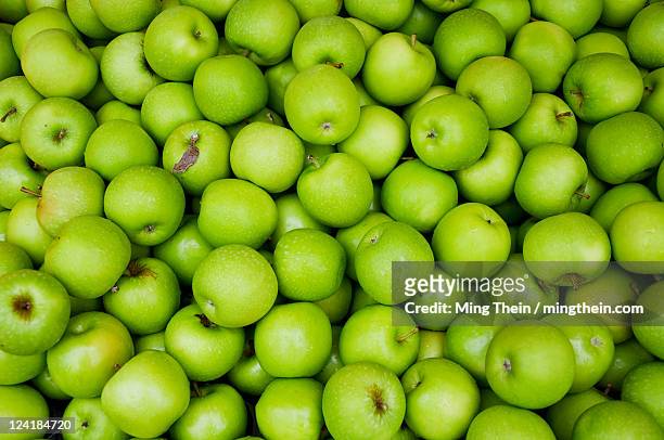 large quantity of green apples - apples full frame stock pictures, royalty-free photos & images