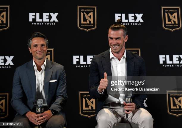 Forward Gareth Bale is introduced by the Los Angeles Football Club with LAFC Co-President and General Manager John Thorrington looking on during a...