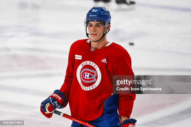 Look on Montreal Canadiens left wing prospect Juraj Slafkovsky during the Montreal Canadiens Development Camp on July 11 at Bell Sports Complex in...