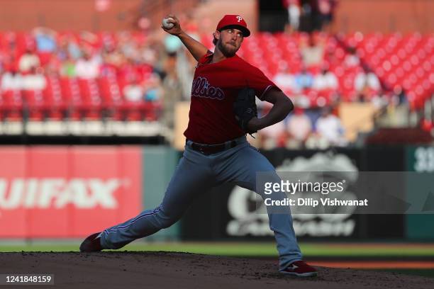 Aaron Nola of the Philadelphia Phillies delivers a pitch against the St. Louis Cardinals in the first inning at Busch Stadium on July 11, 2022 in St...