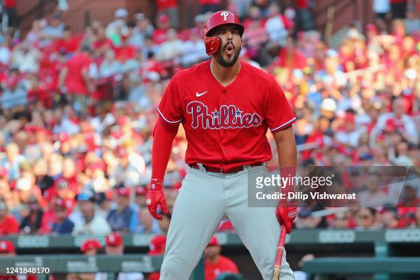 Nick Castellanos of the Philadelphia Phillies reacts after being called out on strikes against the St. Louis Cardinals in the first inning at Busch...