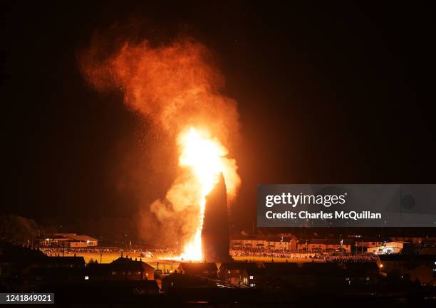 The completed Loyalist bonfire which is claiming to be a new world record for structure height is lit on July 12, 2022 in Larne, Northern Ireland....