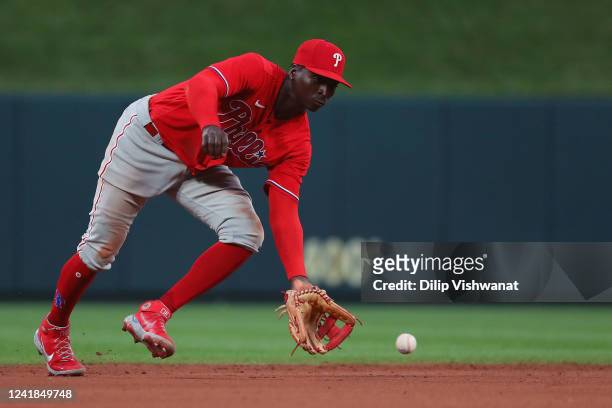 Didi Gregorius of the Philadelphia Phillies fields a ground ball against the St. Louis Cardinals in the seventh inning at Busch Stadium on July 11,...