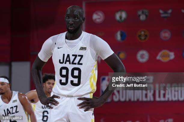 Tacko Fall of the Utah Jazz looks on against the Dallas Mavericks during the 2022 Summer League on July 11, 2022 at the Cox Pavilion in Las Vegas,...
