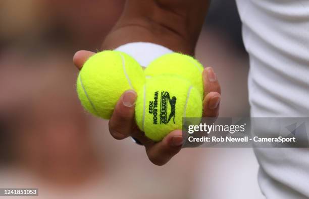 Close-up of Rafael Nadal of Spain holding three tennis balls during his Gentlemens Quarter-Final match against Taylor Fritz of the United States...