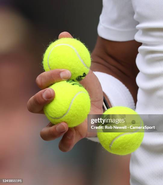 Close-up of Rafael Nadal of Spain holding three tennis balls during his Gentlemens Quarter-Final match against Taylor Fritz of the United States...