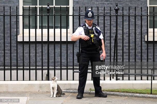 Larry the cat sits near a police officer at 10 Downing Street on July 12, 2022 in London, England. Boris Johnson appointed new ministers last week to...