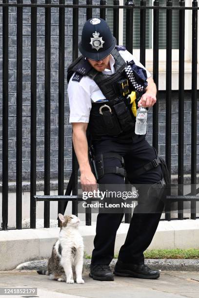 Larry the cat sits near a police officer at 10 Downing Street on July 12, 2022 in London, England. Boris Johnson appointed new ministers last week to...