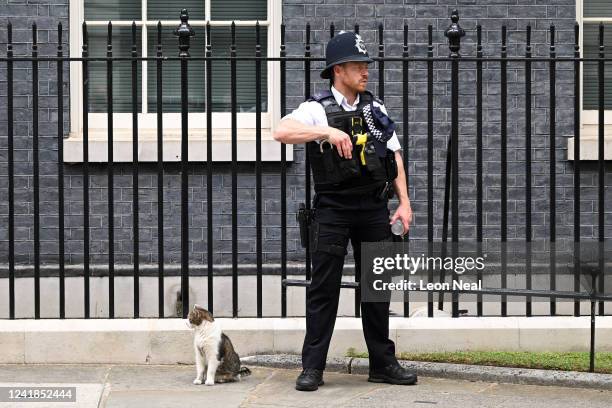 Larry the cat sits near a police officer at 10 Downing Street on July 12, 2022 in London, England. Boris Johnson appointed new ministers last week to...