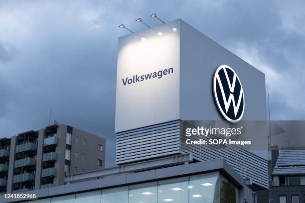 Volkswagen logo displayed on the roof of the German car maker's dealership in Tokyo.