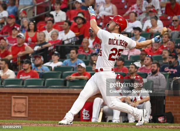 St. Louis Cardinals left fielder Corey Dickerson hits a two-run home run in the seventh inning during a MLB game between the Philadelphia Phillies...