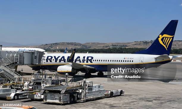 General view of a Ryanair plane in Brussels, Belgium on July 01, 2022. Belgian Ryanair pilots will join the strike on July 23 and 24, demanding the...