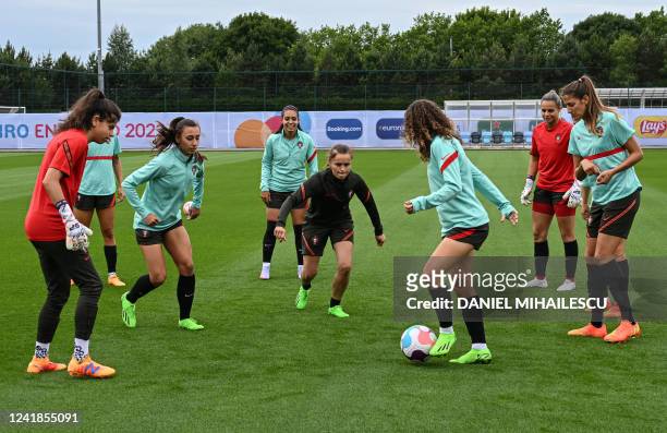 Portugal players attends a team training session at Manchester City Academy stadium in Manchester on July 12 on the eve of their UEFA Women's Euro...