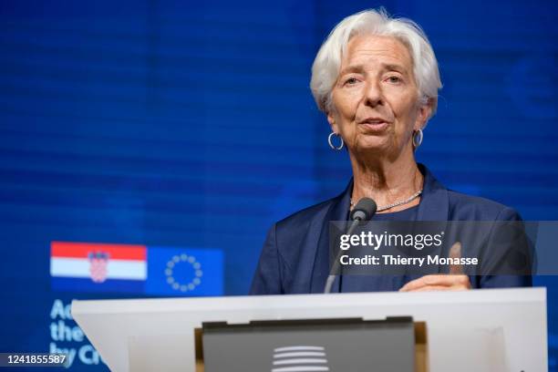 President of the European Central Bank Christine Lagarde delivers a speech during a singing ceremony in the Europa building, the EU Council...