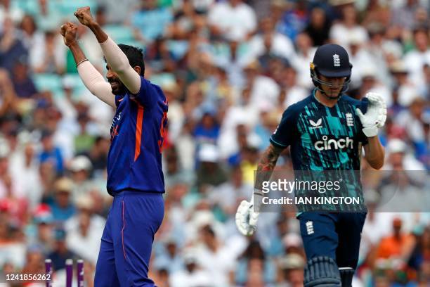 India's Jasprit Bumrah celebrates taking the wicket of England's Brydon Carse for 15 runs, his fifth wicket, during the Royal London x ACE One Day...