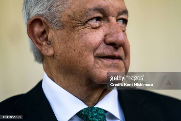President Andrés Manuel López Obrador of Mexico listens to an interpreter read back remarks outside the Vice Presidents residence at Naval...