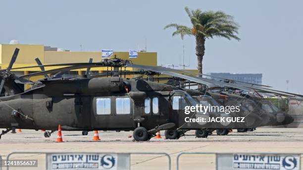 Army Black Hawk helicopters are pictured at Israel's Ben Gurion Airport in Lod near Tel Aviv, on July 12 ahead of US President Joe Biden's visit...