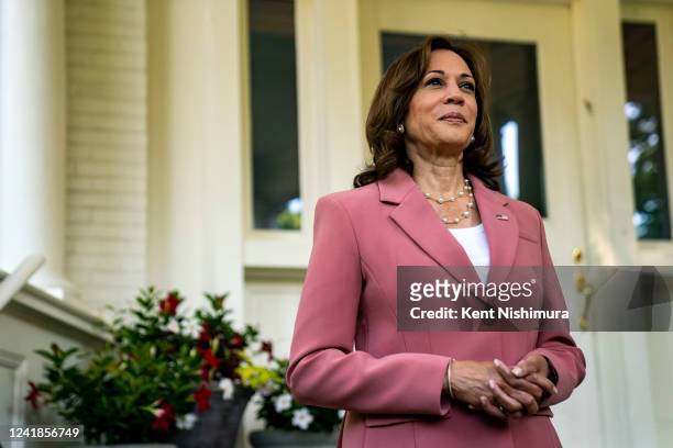 Vice President Kamala Harris speaks with President Andrés Manuel López Obrador of Mexico outside the Vice Presidents residence at Naval Observatory...