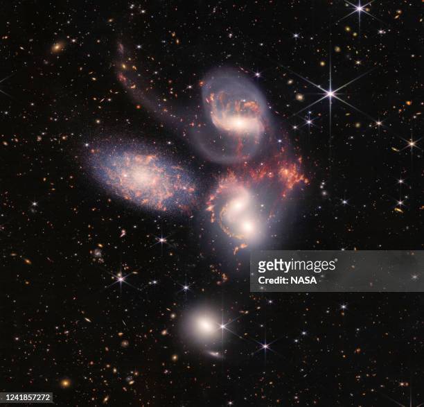 In this handout photo provided by NASA, NASA's James Webb Space Telescope reveals Stephans Quintet, a visual grouping of five galaxies, in a new...