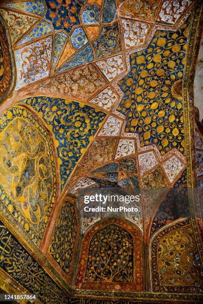 Detail of the artwork adorning the walls and ceiling in the Tomb of Akbar the Great in Agra, Uttar Pradesh, India, on May 05, 2022. Akbar's tomb is...