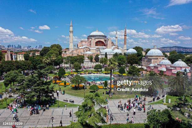 An aerial view of the city center at Sultanahmet Square and the surrounding area in Istanbul, Turkiye on July 12, 2022. Local and foreign tourists...