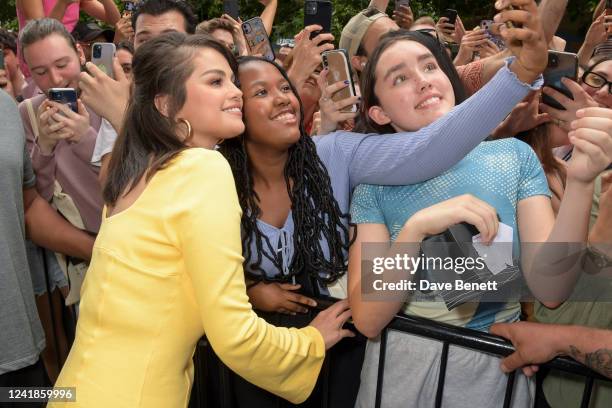 Selena Gomez surprises fans and arrives at Space NK Kings Cross to launch her new Rare Beauty Kind Words lipsticks on July 12, 2022 in London,...