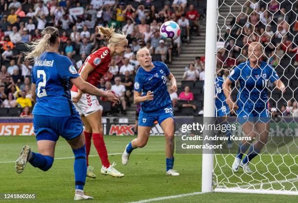 Pernille Harder of Denmark scoring her side's first goal during the UEFA Women's Euro England 2022 group B match between Denmark and Finland at...