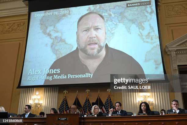 Video of far-right radio show host Alex Jones is shown during a full committee hearing on "the January 6th Investigation," on Capitol Hill on July 12...