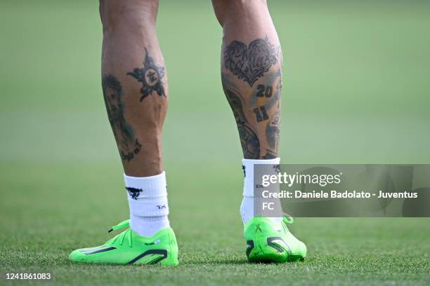 Detail of Angel Di Maria's tattoos during a training session at JTC on July 12, 2022 in Turin, Italy.