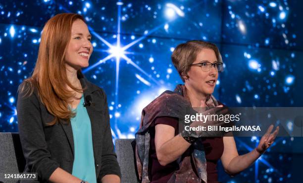 In this handout photo provided by NASA, NASA James Webb Space Telescope Operations Project Scientist Jane Rigby, right, answers a question from a...