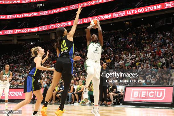 Tina Charles of the Seattle Storm shoots the ball during the game against the Dallas Wings on July 12, 2022 at the Climate Pledge Arena in Seattle,...