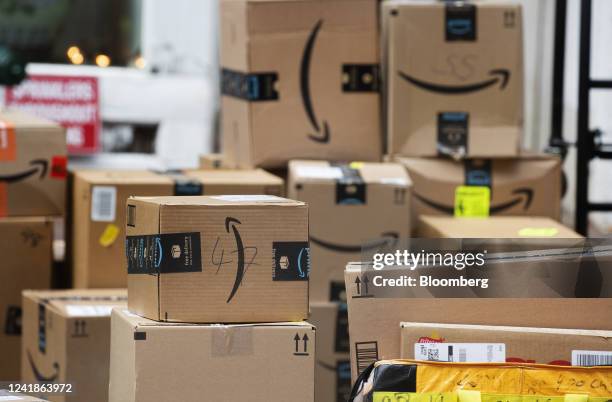 Packages to be delivered on Amazon Prime Day in New York, US, on Tuesday, July 12, 2022. Bargain hunters are expected to find Amazon.com Inc.'s...