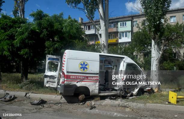 Destroyed ambulance is pictured in the city of Lysychansk on July 12 amid the ongoing Russian military action in Ukraine.