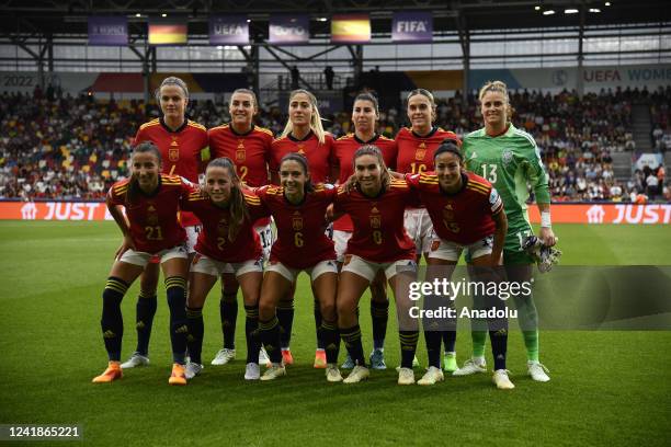 July: Spain line up during the UEFA Women's Euro England 2022 group B match between Germany and Spain at Brentford Community Stadium on July 12, 2022...