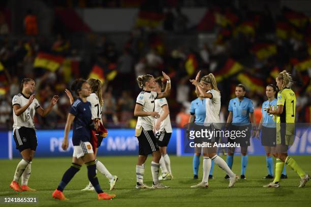 July: Germany players celebrate victory after the UEFA Women's Euro England 2022 group B match between Germany and Spain at Brentford Community...
