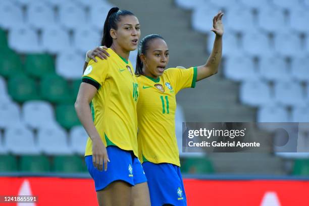 Adriana of Brazil celebrates after scoring the third goal of her team with Bia Zaneratto during a match between Uruguay and Brazil as part of Women's...