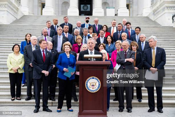 Sen. Richard Durbin, D-Ill., and Senate democrats address the media on the steps of the U.S. Capitol on the leaked draft opinion indicating the...