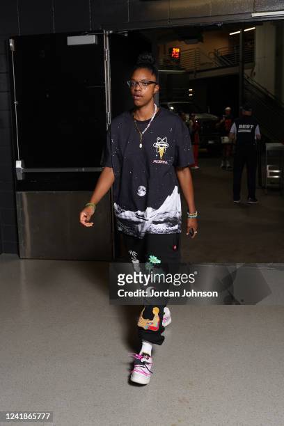 Diamond DeShields of the Phoenix Mercury arrives to the arena before the game against the Minnesota Lynx on July 12, 2022 at the Target Arena in...